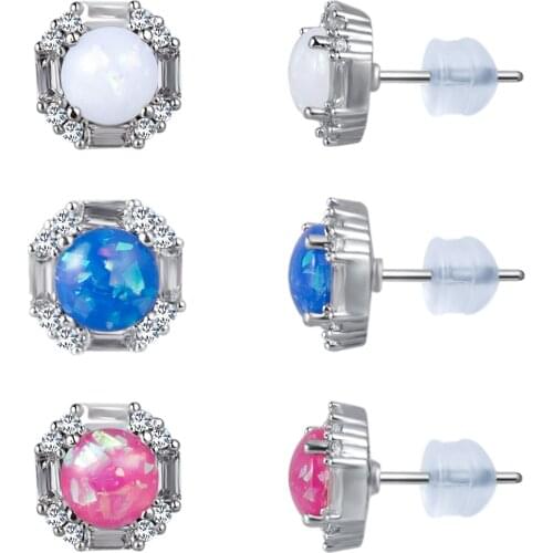 1 Pair Synthetic Opal Stud Earrings for Women,Titanium post Earrings , White Blue Pink Created Opal with CZ Stud Earrings