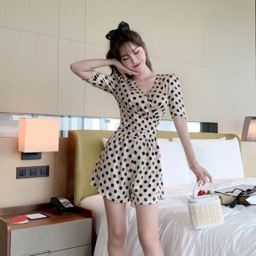 New arrival fashion summer acetate jumpsuits women short sleeve office lady work style temperament simple dot short jumpsuits
