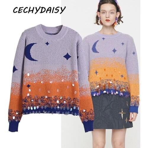 Women Sweater 2021 New Fashion Casual Long Sleeve Harajuku Moon Star Sequined High Quality Knitting Pullover Jumper Tops Clothes