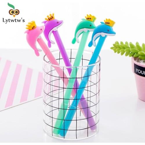 1 Piece Lytwtws Gel Pen Cartoon Creative Crown Dolphin Pen Student Office School Stationery Cute Kawaii Lovely Freebie