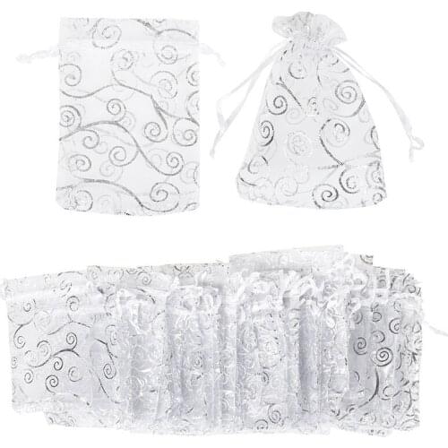 100Pcs Sheer Organza Favor Bags for Wedding Baby Shower Rattan Print Gift Bags Samples Display Drawstring Pouches (9X12cm, Silve