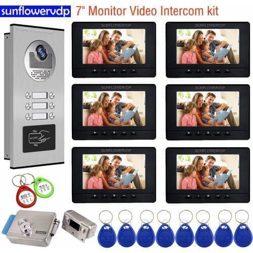 2-6 Monitors Video Door Phone 7 inch Video Intercom Black/White Rfid Intercom To The Apartments Doorbell +Electronic Door Lock