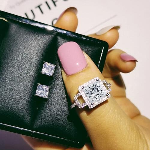 2pcs Pack 925 Sterling Silver Jewelry set halo Engagement ring round stud earring for Wedding christmas gift party J4913