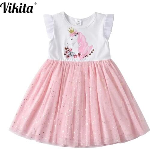 VIKITA Kids Unicorn Princess Dress Baby Girl Toddlers Summer Clothes Children Summer Licorne Casual Vestidos Children Clothing