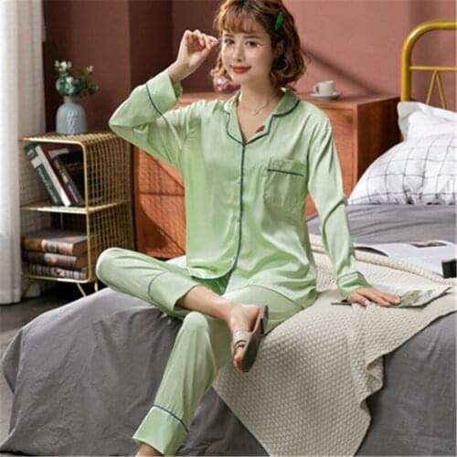 JULYS SONG 2021 Spring Summer Wpmens Pajamas Set Ice Silk Sleepwear Solid Color Satin Nightgown Elegant Long Sleeve Wear