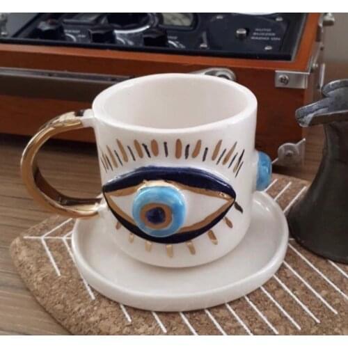 Handmade ceramic authentic original evil eye beaded Turkish coffee Nescafe Yeşilçay cup and pad