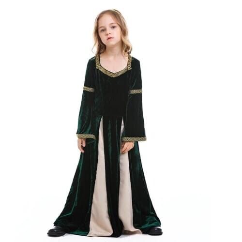 Medieval Renaissance Princess Queen Costume Gown Robe Green Medieval Swing Dress Kid Vampire Halloween Costumes