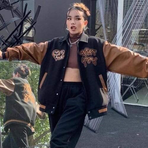 2021 American retro leather stitching baseball uniform jacket female ins autumn and winter couple jacket