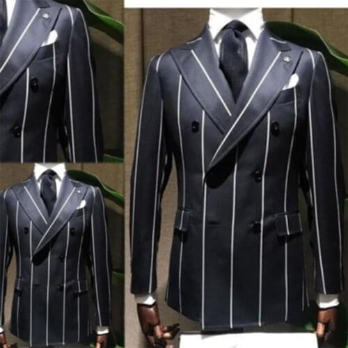 Handsome Wide Lapel Peak Navy Blue Tuxedos Mens Jacket Only Double Breasted Blazer Custom Made Slim Fit Groomsmen Coat 2021