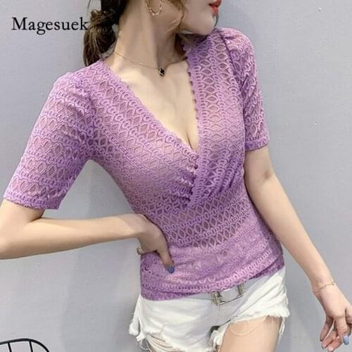 V-neck Lace Womens Blouse Summer Sexy Short Sleeve Solid Shirt Ladies Lace Tops Women 2021 New Fashion Slim Tops Blusas 9631