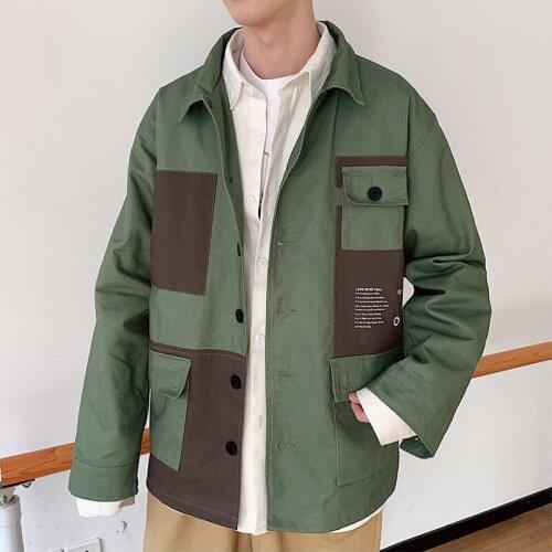 Men Fashion Spring Autumn Casual Long Sleeve Loose Youth Cargo Thin Jacket Patchwork Black Army Green