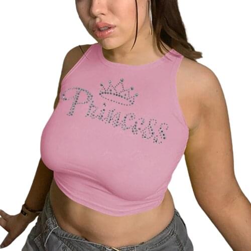 Summer Sexy Womens Rhinestone Tanks Tops Trendy Crown Letter Pattern Sleeveless Round Neck Crop Camisole