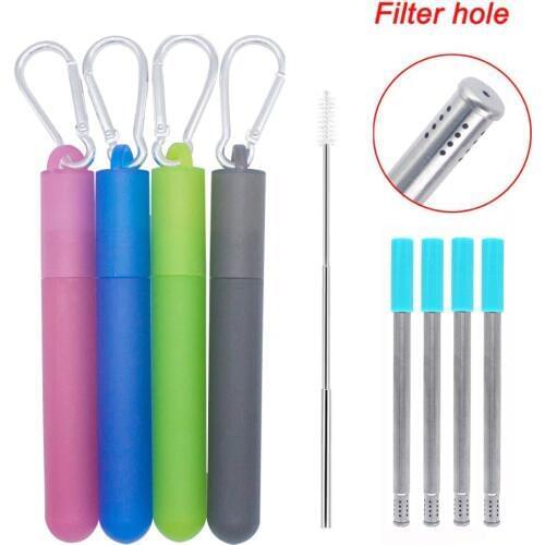 Reusable Two-section Straw with Filter Hole and Retractable Straw Brush for tea etc