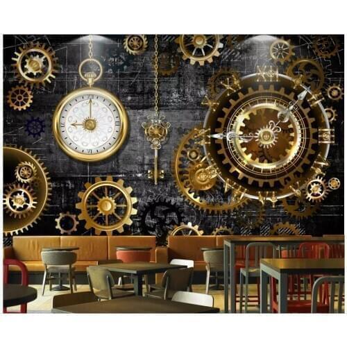 3d photo wallpaer custom mural on a wall European industrial wind gold gear clock home decor living Room wallpaper for walls 3 d