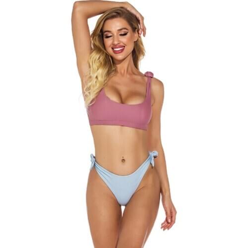 2021 New swimsuit bikini knotted solid color split swimsuit feminine bikini suit