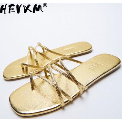 2021 New Style WomenS Shoes Golden Strappy Flat-Bottomed Fashion Sandals WomenS Flip Flops Low Heel WomenS Shoes Slippers