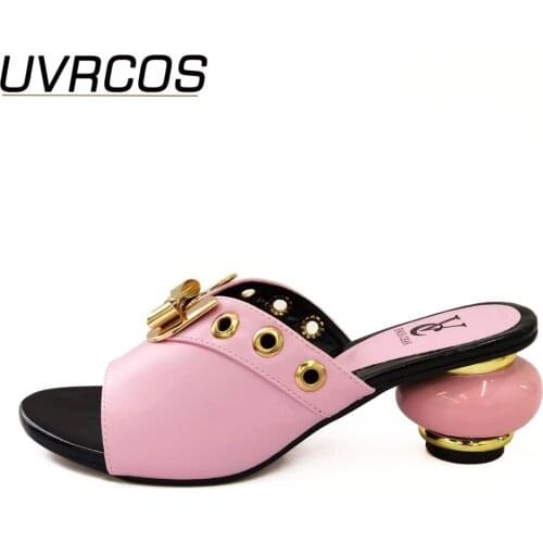 New Design Sky Pink Color African Slippers Summer High Heels High Quality African Low Heels Pumps African Women Wedding Shoes