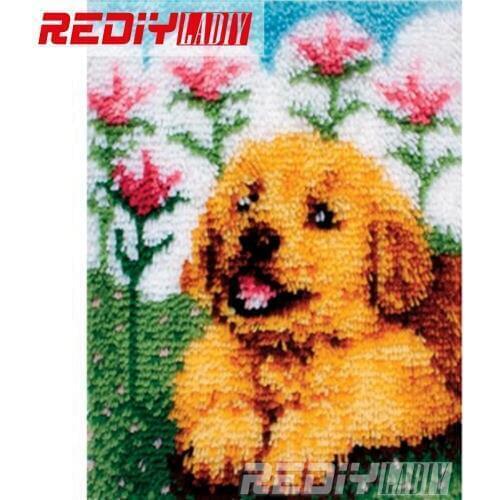 New Latch Hook Rug Kits Needlework Unfinished Crocheting Rug Yarn Cushion Mat Embroidery Carpet Rug Dog with Flowers Home Decor