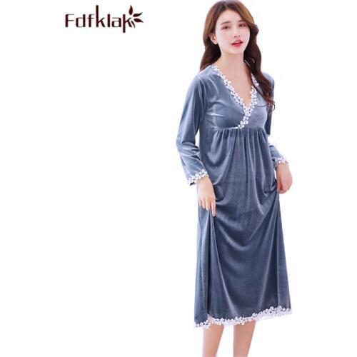 Fdfklak Autumn winter nightgown women v-neck sexy sleepwear night dress long sleeve nightshirt female warm gold velvet gown