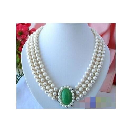 Women Gift word Love Miss charm 3ROW 7-8MM WHITE ROUND FRESHWATER PEARL NECKLACE GEM wedding real Natural Gems stone