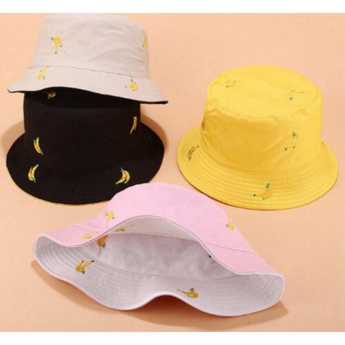 Banana Reversible Bucket Hat Hip Hop Women Two Side Wear Fruit Embroidery Spring Panama Female Cotton Fishing Summer Hat Sunhat