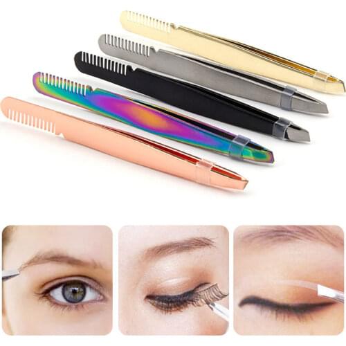 Slanted Eyebrow Tweezers with Comb Professional Eyelashes Extension Double Eyelids Pinch Forceps Face Hair Removal Beauty Tool