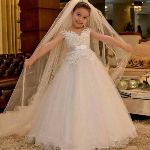 White Flower Girl Dresses For Weddings party ceremony Gown Cap Sleeves Tulle Lace First Communion Dresses For Little Girls