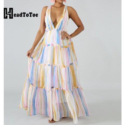 Striped Print Hallow Out Criss Cross Sexy Sweet Dresses for Women Thick Strap Deep V Neck Loose Dress Women