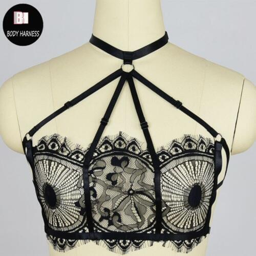 BODY HARNESS Gothic Sexy Evil eyes Lace Sheer Bra Harness Bondage Cage Bra Black Bondage Strappy Body Tops Lingerie Harness bra