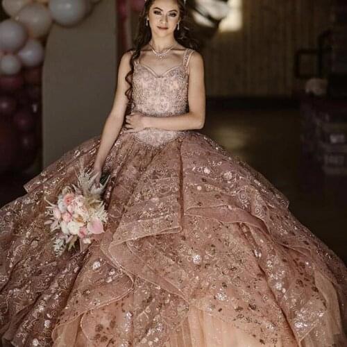 Rose Gold Luxury Quinceanera Dress 2021 Sequins Beads Sleeveless Gorgeous Party Princess Sweet 16 Ball Gown Vestidos De 15 Años