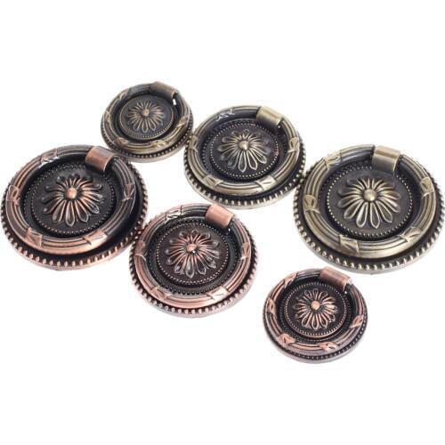 1Pc Antique Brass Furniture Door Ring 37/45/55mm Pulls Handle Knob Round Ring Kitchen Cabinet Drawer Cupboard Handle Flower