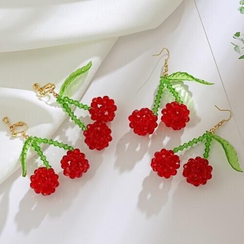Korean Green Leaf Big Red Crystal Cherry Clip Earrings Without Piercing Handmade Cute Red Beaded Cherry Clip Earrings No Hole