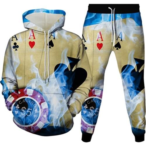 Spring Autumn Men Women Brand Casual Sets Poker Fire Print Hoodies+Long Pants Tracksuit Female Male Fashion Sportswear Gift Sui
