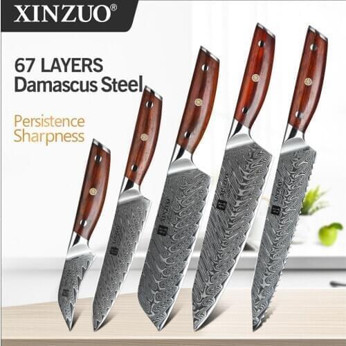 XINZUO 5 PCS Knives Set Japanese VG10 Damascus Stainless Steel Kitchen Knives Utility Paring Knives Cooking Tool Chef Knife Sets