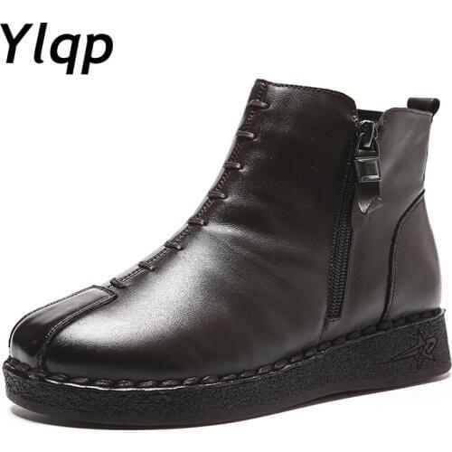 Ylqp 2020 Winter Vintage Style Genuine Leather Women Boots Flat Booties Soft Cowhide Womens Shoes Zip Ankle Boots Zapatos Mujer