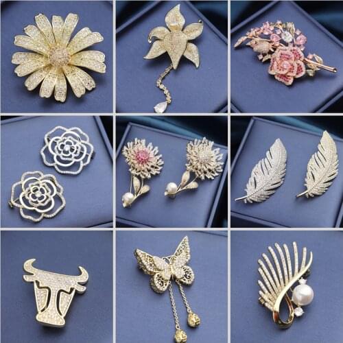 Luxury Cubic Zircon Butterfly Feather Flower Brooch Collar Pins for Suit Shining Womens Brooches 2021Jewelry Broche Wholesale