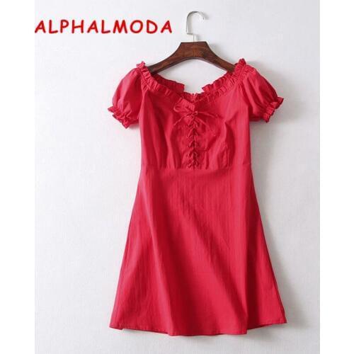 ALPHALMODA Sexy low chest, French lotus leaf side wide lead doll dress, ancient cross ties dress