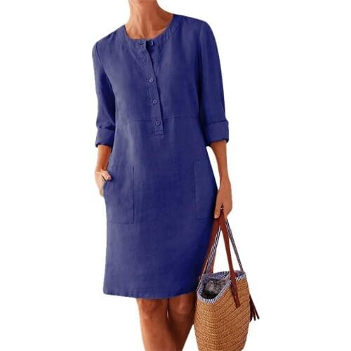 Woman dress Summer Casual O-neck Short-sleeved Dress Women Long Sleeve Pockets Cotton Linen Loose Knee-length Dress 2020 платье