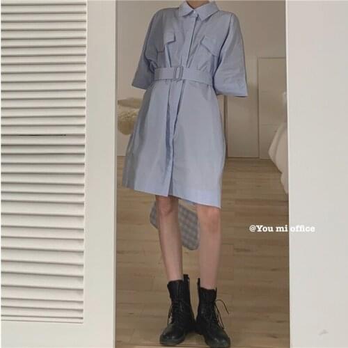 Blue Shirt Short-sleeved Dress Female Summer 2021 New Skirt Temperament Korean Version of The Waist Was Thin and Short