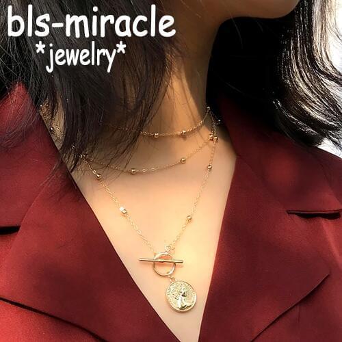 MAA-OE Vintage Multi Layered Carved Coin Choker Necklaces Gold Color Circle stick Statement Pendant Necklace Women Jewelry