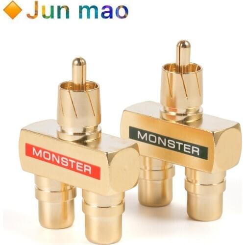 2pcs Monster Binary RCA Audio Conversion Joint RCA 3 interfaces Gold Copper-plated Lotus 1 male to 2 female transfer adapter