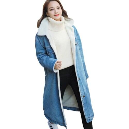 2019 Large size winter denim coat women thicken flocking long jeans jacket female long sleeve single-breasted cotton coats G626