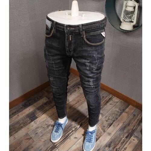 2021 New Fashion Men Jeans Slim Fit Vintage Black Color Ripped Jeans Men Denim Trousers High Quality Designer Jeans Homme