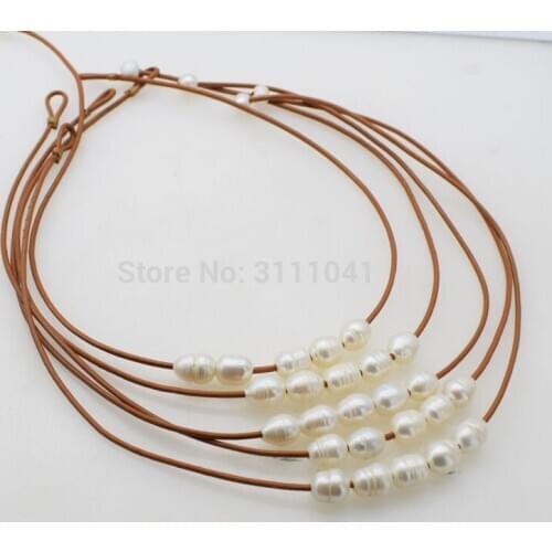 5strands freshwater pearl gray/black/white rice and black line17inch wholesale nature beads FPPJ blue zircon hook