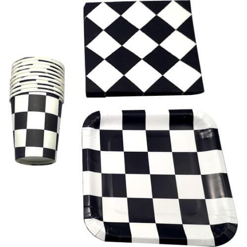 60pcs/lot Birthday Party Black and white square lattice Theme Plates Cups Napkins Decorate Baby Shower Boys Favors Tableware Set