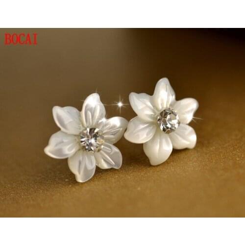 925 sterling silver shell white flower simple diamond earrings jewelry