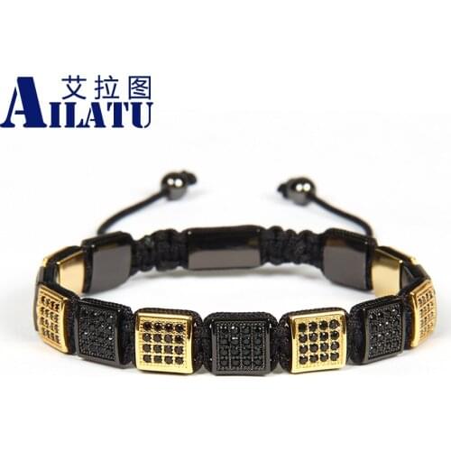 Ailatu Jewelry Micro Paved Black Cz 10x10mm Flatbed Square Bracelet for Cool Men Laser Printing Logo or Words on Back Beads