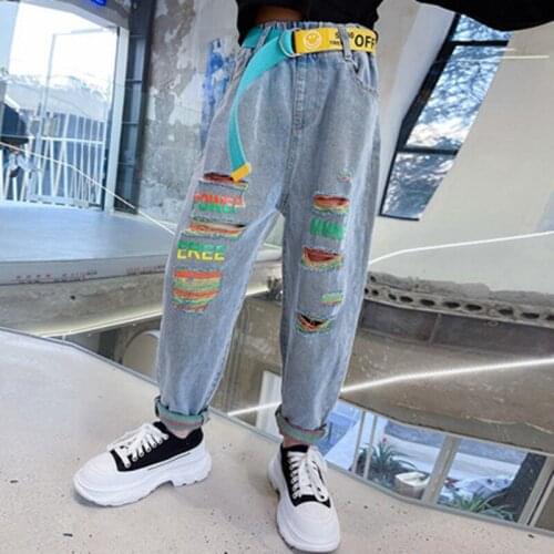 Kids Denim Trousers Childrens Clothing Korean Fashion High Waist Belt Jeans Slim Color Hole Ripped Pants for Teen Girls 5-14Yrs