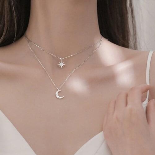 925 Sterling Silver Double Layer Women Necklace Crystal Star Moon Exquisite Pendant Clavicle Chain Jewelry Party Gift Accessorie