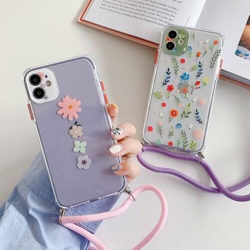 Transparent Lanyard Flower Phone Case For iPhone 11 11Pro Max XR XS Max X 7 8 Plus 12Pro SE 2 12 With Strap Rope Soft Back Cover
